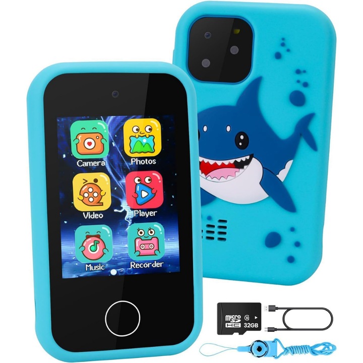 Telefon Interactiv Pentru Copii Z ZYNERA™, 2 Camere Functionale, Mufa Jack Casti, Husa Din Silicon Unicorn, Card Memorie 32 Gb, Ecran 2.8 HD, Educational, 14 Functii, 10 Jocuri Interactive, Albastru, Calitate Premium, Design Modern