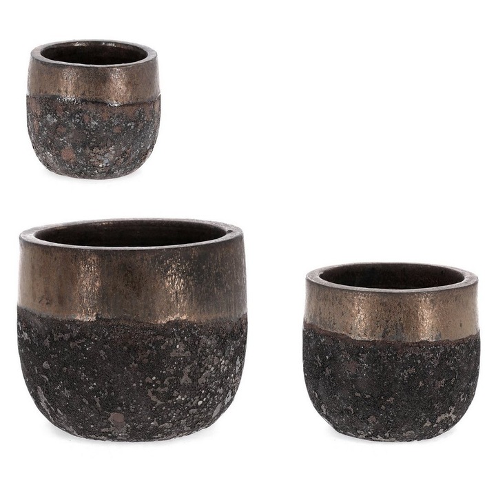 Set 3 ghivece flori fibra sticla neagra cupru Duyen 21x19 cm, 27x24 cm, 36x31 cm