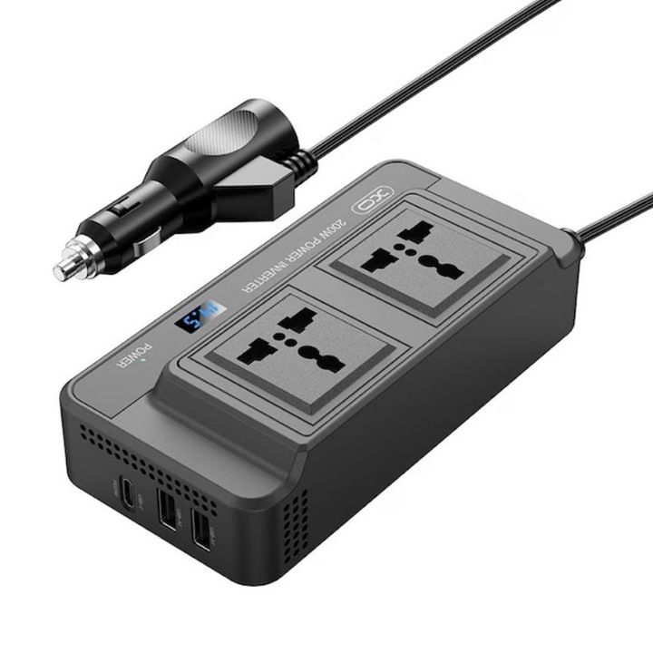 Autós feszültséginverter, többportos, XO-CZ011, 200 W teljesítmény, EU csatlakozók, C típusú és USB portok, fekete