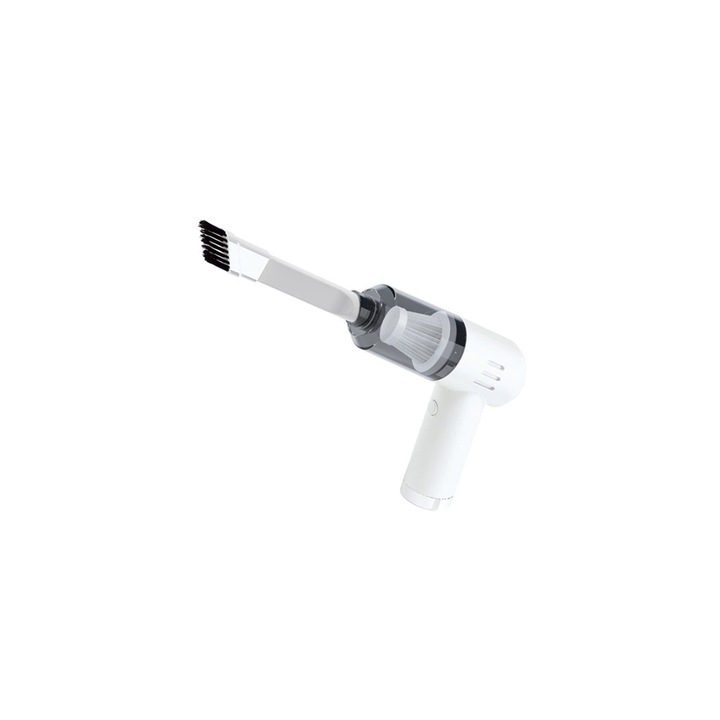 Aspirator portabil de mana, Comando Home, Pentru Masina si Casa, cu Functie Turbo, Aspirare Umeda / Uscata, Accesorii Incluse, Alimentare USB, Alb