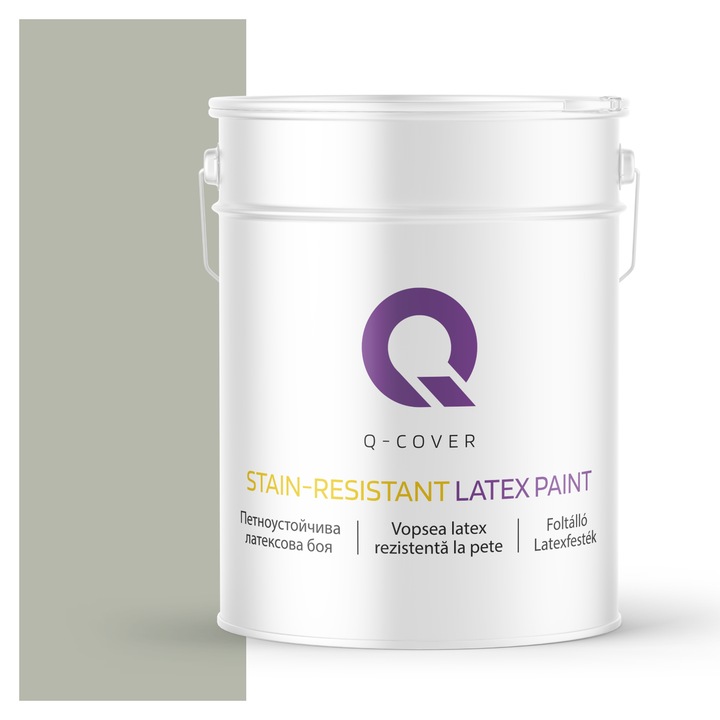 Vopsea latex Rezistenta La Pete, Q-Cover, Kaki H1747, pentru interior, pe baza de apa, galeti de fier, usor de aplicat, rezistent la frecare, elimina reflexiile luminii, sigura pentru persoanele alergice, fara miros, tixotropa, Mat, 10L