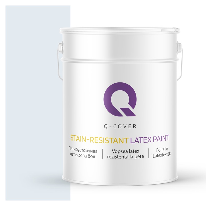 Vopsea latex Rezistenta La Pete, Q-Cover, Alb cu tenta bleu H0179, pentru interior, pe baza de apa, galeti de fier, usor de aplicat, rezistent la frecare, elimina reflexiile luminii, sigura pentru persoanele alergice, fara miros, tixotropa, Mat, 10L