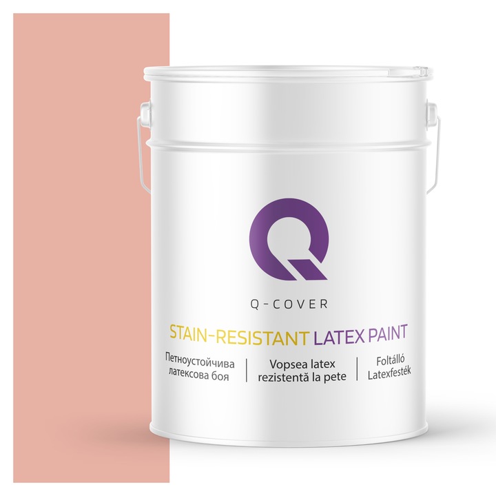 Vopsea latex Rezistenta La Pete, Q-Cover, Somon deschis H5551, pentru interior, pe baza de apa, galeti de fier, usor de aplicat, rezistent la frecare, elimina reflexiile luminii, sigura pentru persoanele alergice, fara miros, tixotropa, Mat, 10L