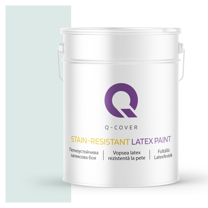 Vopsea latex Rezistenta La Pete, Q-Cover, Alb cu tenta turcoaz H1576, pentru interior, pe baza de apa, galeti de fier, usor de aplicat, rezistent la frecare, elimina reflexiile luminii, sigura pentru persoanele alergice, fara miros, tixotropa, Mat, 10L