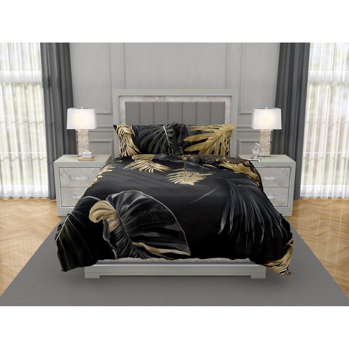 Ágynemű, Nobile, 160x200 cm, 2db párnahuzat 70x80 cm, zöld-sárga levélmintás, fekete