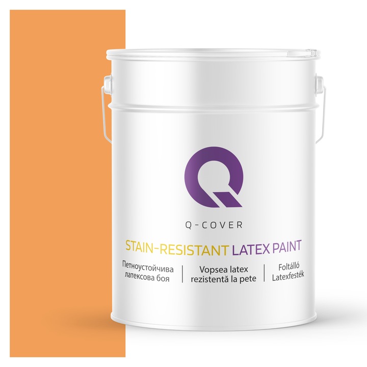 Vopsea latex Rezistenta La Pete, Q-Cover, Portocaliu H5944, pentru interior, pe baza de apa, galeti de fier, usor de aplicat, rezistent la frecare, elimina reflexiile luminii, sigura pentru persoanele alergice, fara miros, tixotropa, Mat, 10L