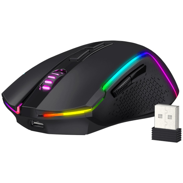 Mouse gaming wireless Redragon Trident, 8000 DPI, iluminare RGB, senzor optic PIXART PAW-3104, Negru