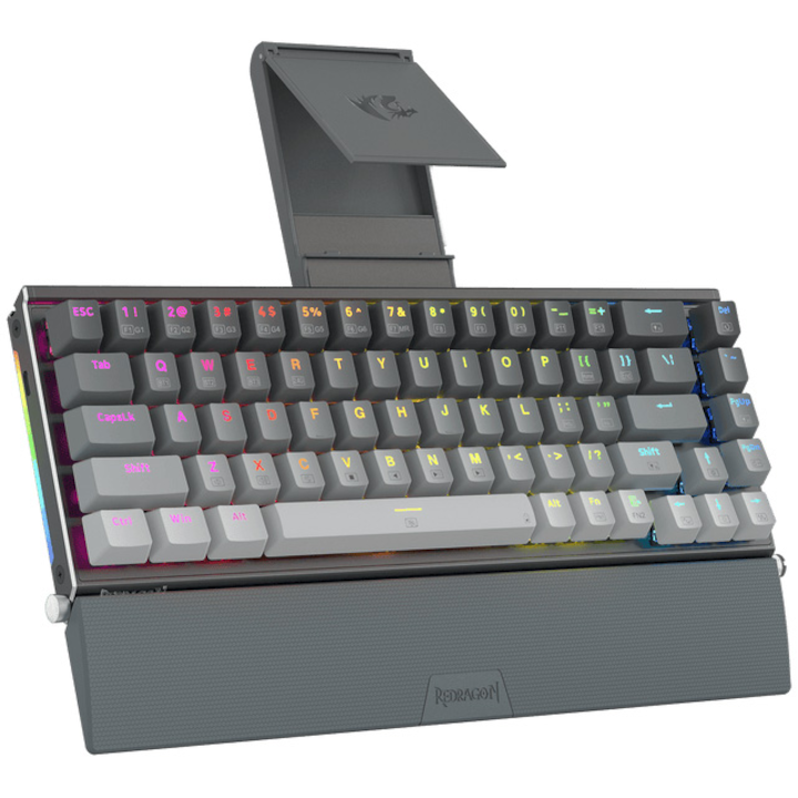 Tastatura gaming mecanica bluetooth/cu fir Redragon Shaco PRO, iluminare RGB, sasiu din aluminiu, switch-uri rosii, Gri