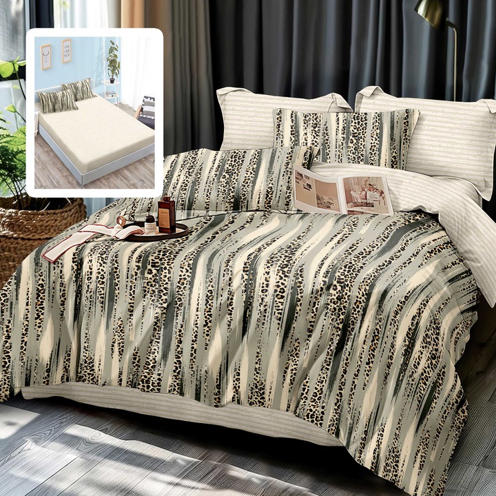 Двойно спално бельо от 6 части Finet Cotton с калъф за матрак 160x200 или 180x200 см, завивка 200x230 см, 2 калъфки за възглавници 50x70 и 70x70 см, бежово-зелено, ALMA Sulphur