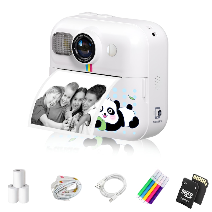 Camera Foto Instant pentru Copii, Model CP02, 1080p HD, Rezolutie Foto 48MP, Card SD 64GB, Autonomie 1500mAh, Include Stickere, Filtre, Graffiti DIY, Jocuri, Redare Muzica, Inregistrare Video, Control Sunet, Moduri de Printare, Alb