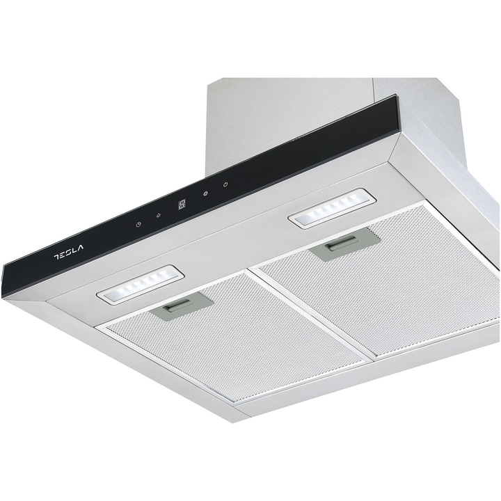Hota incorporabila decorativa Tesla DC600AXB, T-shape, Putere de absorbtie 630 mc/h, T-shape, Control digital, Afisaj LED, 60 cm, Inox/Sticla neagra