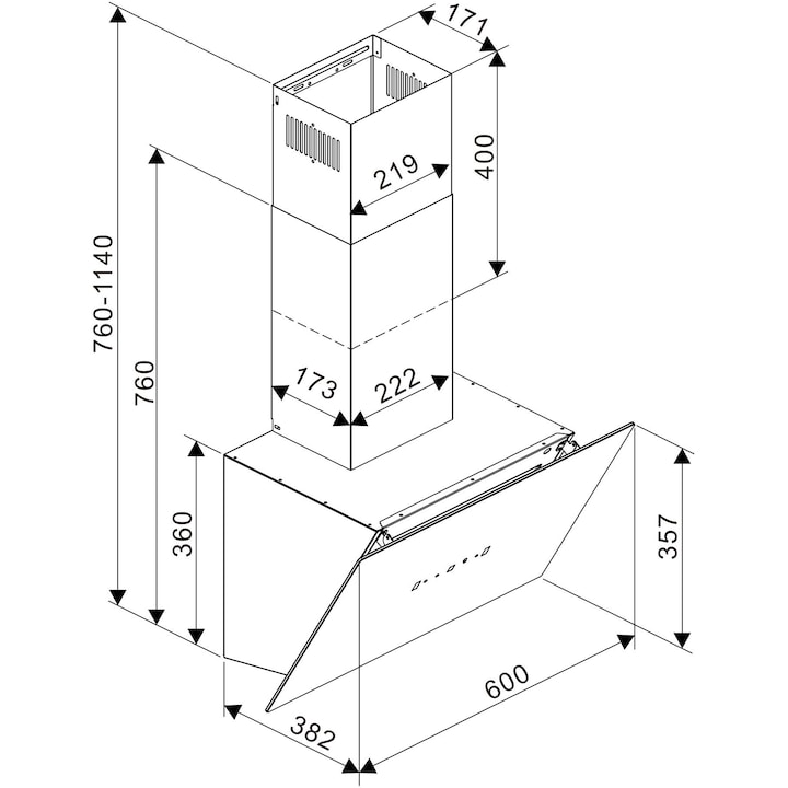 Hota incorporabila decorativa Tesla DD600AB, Putere de absorbtie 630 m3/h, Senzor control fara atingere, afisaj LED, 60 cm, Sticla neagra