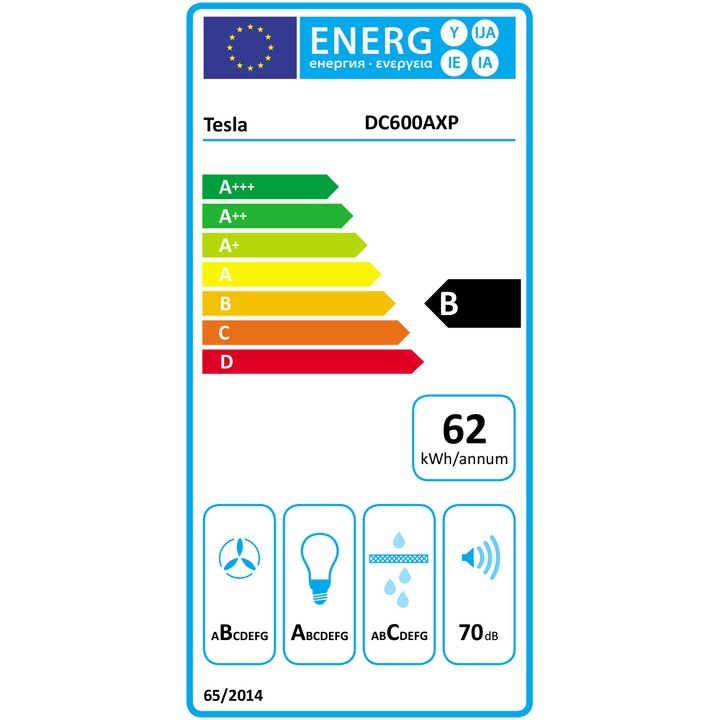 Hota incorporabila decorativa Tesla DC600AXP, Putere de absorbtie 630 mc/h, 3 viteze, Iluminare LED, 60 cm, Inox