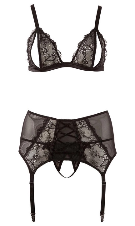 Cottelli szexi szett, csipke, puha melltartó nyitott kupakkal, harisnyakötő fűzővel, fekete, 90% poliamid, 10% spandex