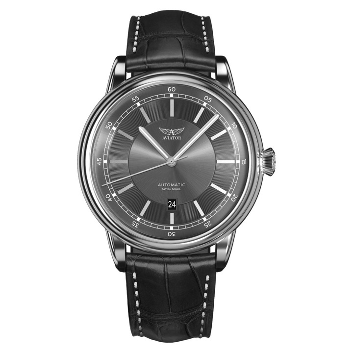 Ceas barbatesc Aviator Douglas DC-3, 45mm, curea din piele, rezistent la apa 100m, negru