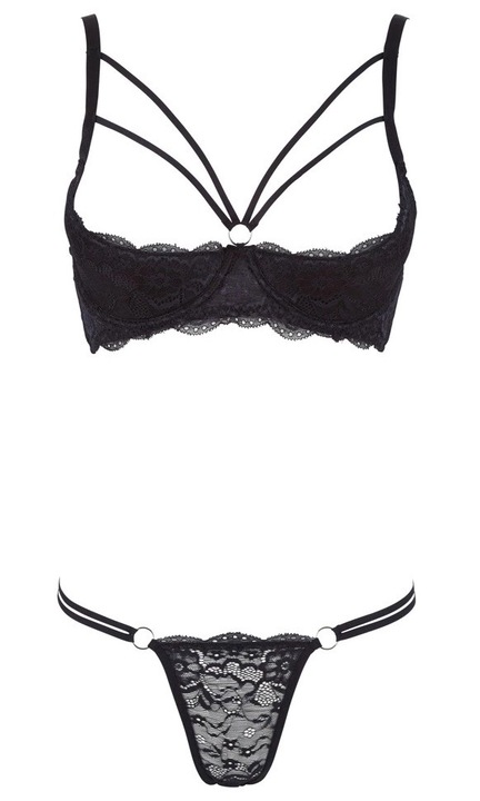 Szexi fehérnemű szett, Cottelli, csipke tanga és csésze nélküli melltartó, fekete, rugalmas anyag