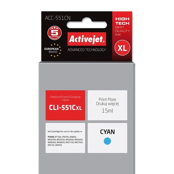 Cartus de cerneala Activejet ACC-551CN compatibil cu dispozitivele de imprimare Canon PIXMA