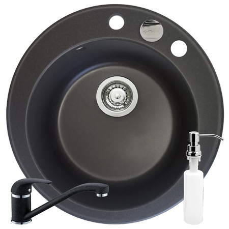 Pachet 3in1 chiuveta granit Pyramis Cristal + Baterie + Dozator detergent lichid, 490mm, adancime 170mm, montare pe blat, Negru