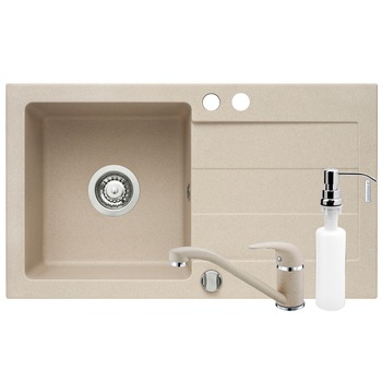 Pachet 3in1 chiuveta granit Pyramis Cristal + Baterie + Dozator detergent lichid, 760x440mm, adancime 170mm, montare pe blat, cuva stanga, Bej Pachet 3in1 chiuveta granit Pyramis Cristal + Baterie + Dozator detergent lichid, 760x440mm, adancime 170mm, montare pe blat, cuva stanga, Bej
