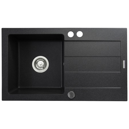 Pachet 3in1 chiuveta granit Pyramis Cristal + Baterie + Dozator detergent lichid, 760x440mm, adancime 170mm, montare pe blat, cuva stanga, Negru