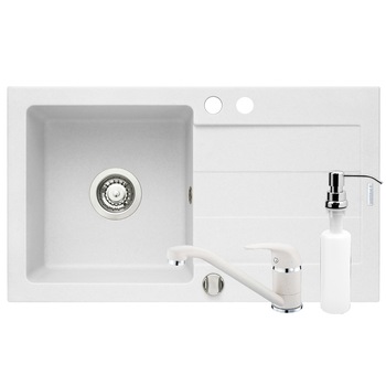 Pachet 3in1 chiuveta granit Pyramis Cristal + Baterie + Dozator detergent lichid, 760x440mm, adancime 170mm, montare pe blat, cuva stanga, Alb Pachet 3in1 chiuveta granit Pyramis Cristal + Baterie + Dozator detergent lichid, 760x440mm, adancime 170mm, montare pe blat, cuva stanga, Alb