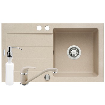 Pachet 3in1 chiuveta granit Pyramis Cristal + Baterie + Dozator detergent lichid, 760x440mm, adancime 170mm, montare pe blat, cuva dreapta, Bej Pachet 3in1 chiuveta granit Pyramis Cristal + Baterie + Dozator detergent lichid, 760x440mm, adancime 170mm, montare pe blat, cuva dreapta, Bej