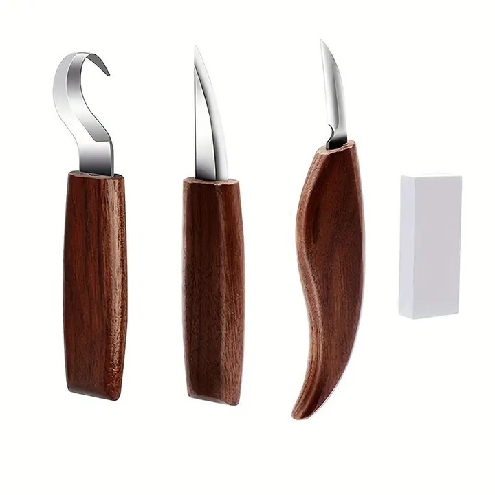 Set 3 cutite de sculptura in lemn + piatra de ascutit