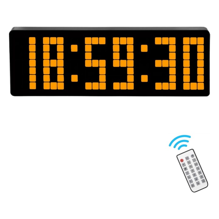 Ceas Digital de Masa si Perete 32cm cu LED Portocaliu – Cronometru, Timer, Calendar, Alarma, Termometru, Snooze si Telecomanda