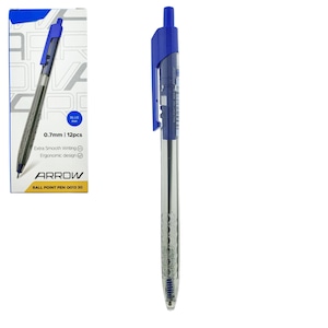 Set 12 pixuri cu mecanism, grosime scriere 0.7mm, cerneala albastra, model Arrow 38892, design ergonomic, scriere lina si fara scurgeri Transparent 12