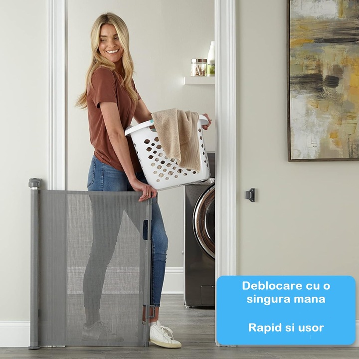 FlexiBlock Прибираща се предпазна врата, разтегателна 150 см, Двоен заключващ механизъм, Мрежест материал против удари, Защита за деца/домашни любимци, Универсална, Врати/Стълби/Коридори, Интериор/Екстериор, Лесен монтаж, Сив