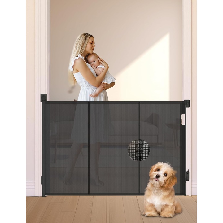 Poarta de Siguranta Retractabila si Extensibila 140 Cm FlexiBlock® Design RANFORSAT, Mecanism Dublu Blocare, Material Plasa Anti-Shock, Protectie Copii/Animale de Companie, Universal, Usi/Scari/Holuri, Interior/Exterior, Instalare Usoara, Black