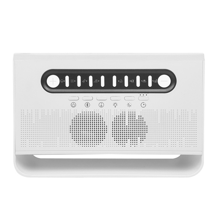 Овлажнител, Bluetooth музика, ароматерапевтичен дифузер, 7-цветен RGB пламък, 8 вида бял шум, нощна светлина, таймер за изключване, голям капацитет от 200 ml, бял