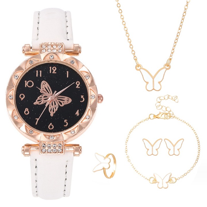 Set ceas dama cu bijuterii, YISYNIM, alb, curea din piele, 10mm grosime, 37mm diametru, include bratara, colier, inel, cercei