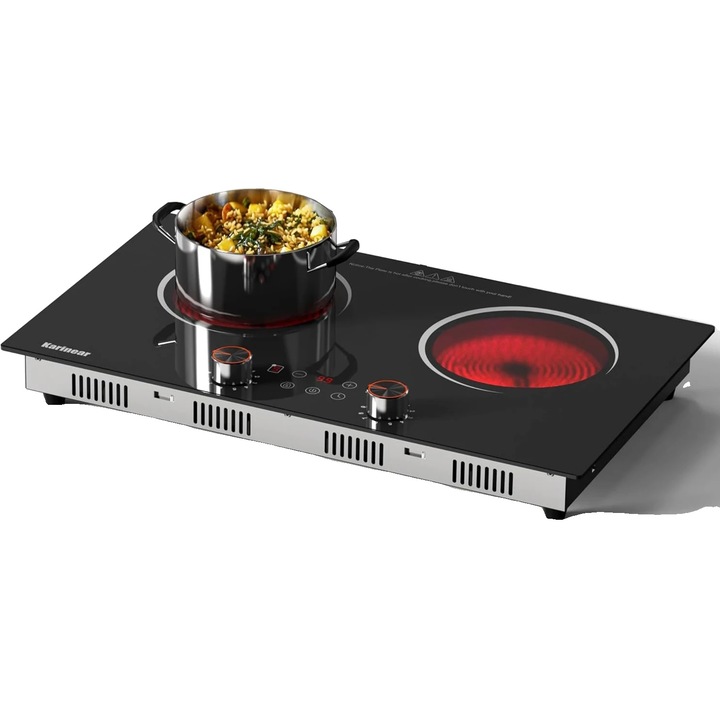 Elektromos főzőlap, 3200W, kettős funkcionalitás, fekete, kompakt méretek