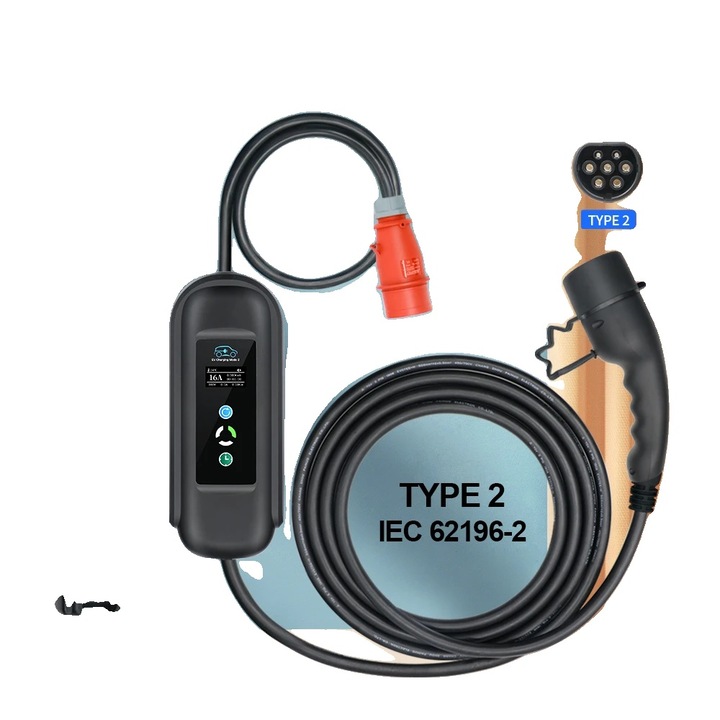 Incarcator portabil EV, 11KW, curent ajustabil 8-16A, cablu de 5m, tip 2, negru