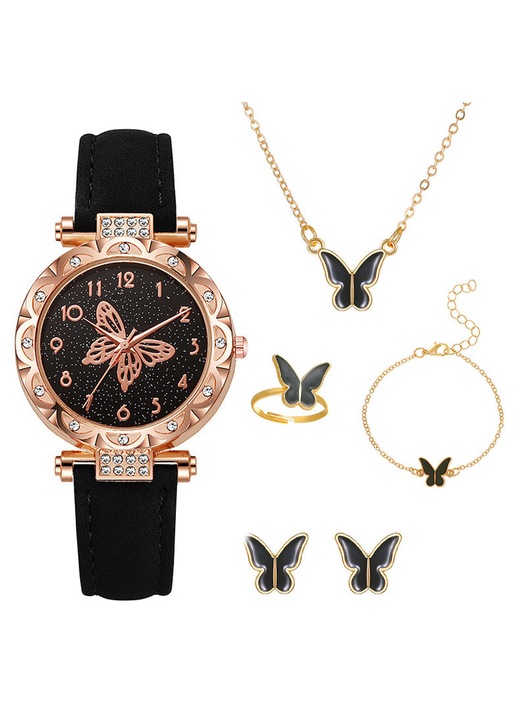 Set ceas dama cu bratara, colier, inel, cercei, YISYNIM, negru, 10mm grosime, 37mm diametru cadran