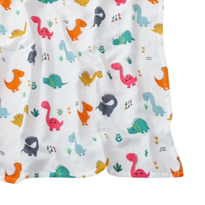 Bambusz és bio pamut muszlin, 120 x 110 cm, multifunkcionális, atka mentes, antisztatikus, ideális pelenkázáshoz - fürdéshez - pakoláshoz, színes dinoszauruszok