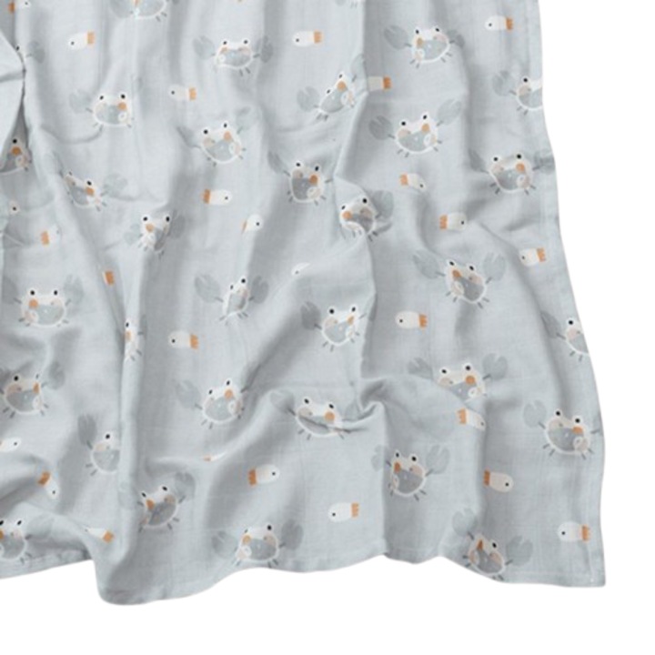 Bambusz és bio pamut muszlin, 120 x 110 cm, multifunkcionális, atkamentes, antisztatikus, ideális pólyázáshoz - pólyázáshoz - pakoláshoz, világoskék rákok