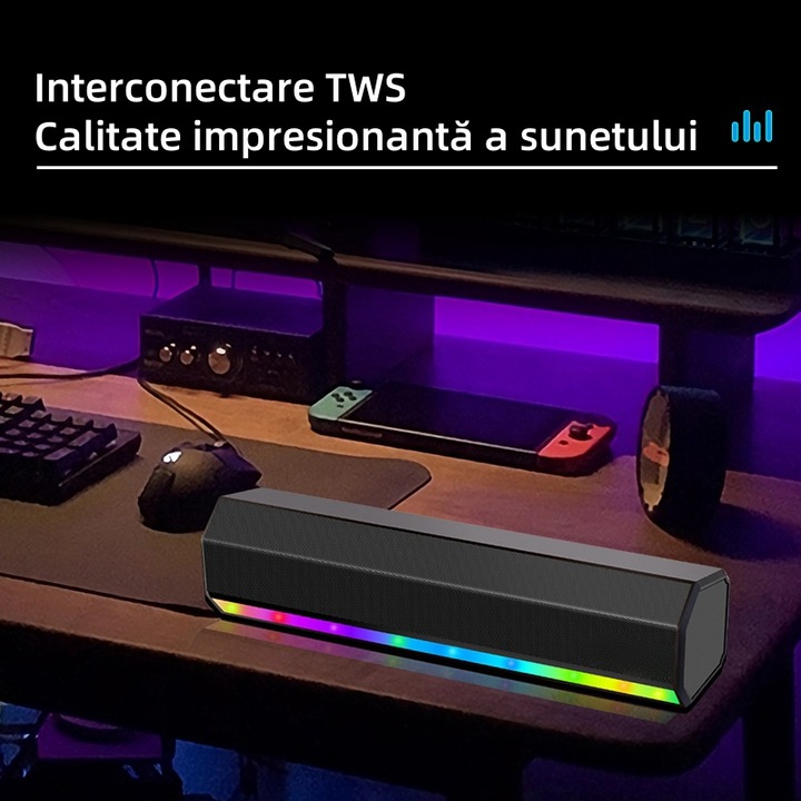 Бар високоговорител, Bluetooth 5.3, RGB осветление, TWS свързан, FM, TF, AUX, USB, HIFI звук, стерео, черен
