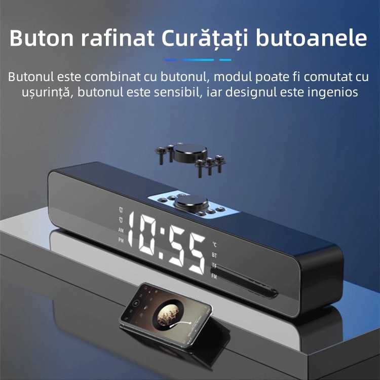 Bar Speaker, Bluetooth, iluminare RGB, FM, TF, AUX, USB, afisare ora, functie alarma dubla, 1500mAh, calitate sunet HIFI, stereo, negru