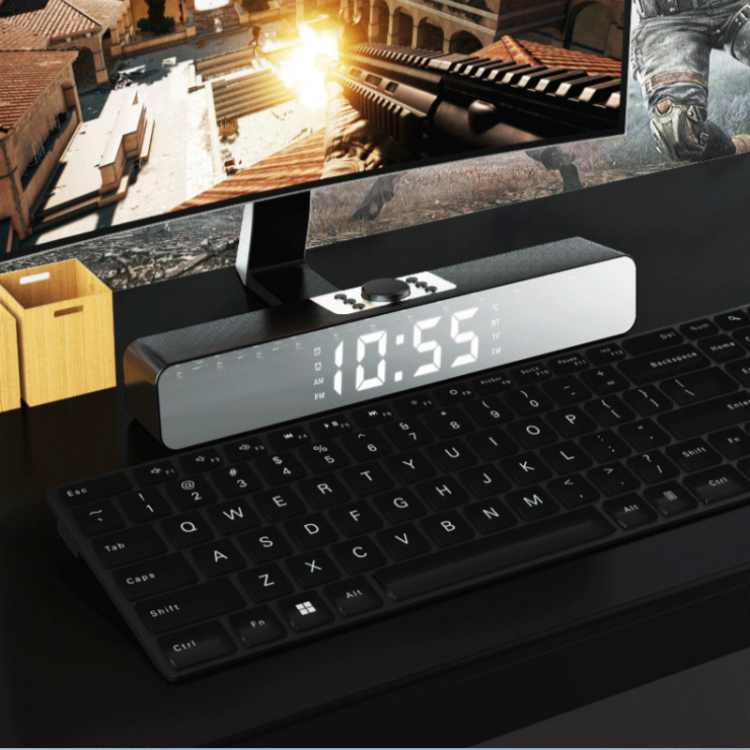 Bar Speaker, Bluetooth, iluminare RGB, FM, TF, AUX, USB, afisare ora, functie alarma dubla, 1500mAh, calitate sunet HIFI, stereo, negru