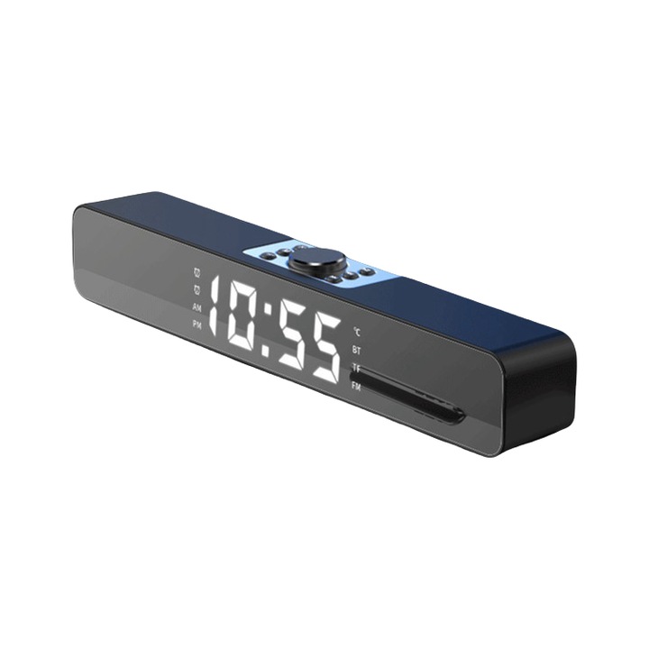 Бар високоговорител, Bluetooth, RGB осветление, FM, TF, AUX, USB, дисплей за време, функция двойна аларма, 1500mAh, HIFI качество на звука, стерео, черен