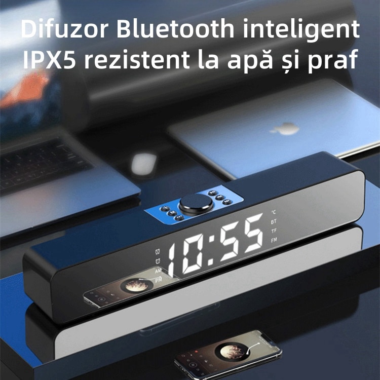 Bar Speaker, Bluetooth, iluminare RGB, FM, TF, AUX, USB, afisare ora, functie alarma dubla, 1500mAh, calitate sunet HIFI, stereo, negru
