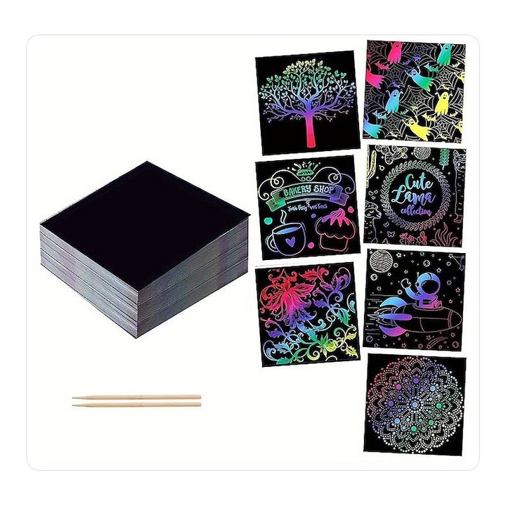 Set 100 Foi de Hartie de Razuit, Leski, Curcubeu, 8.5 x 8.5 cm, cu 2 Creioane din Bambus