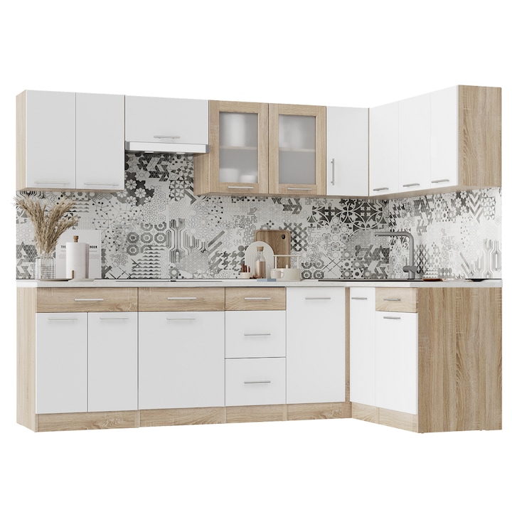Комплект мебели за кухня, ЕКО № 8, Еверест Мебел, 250х198х60 см, Дъб Сонома/Алба