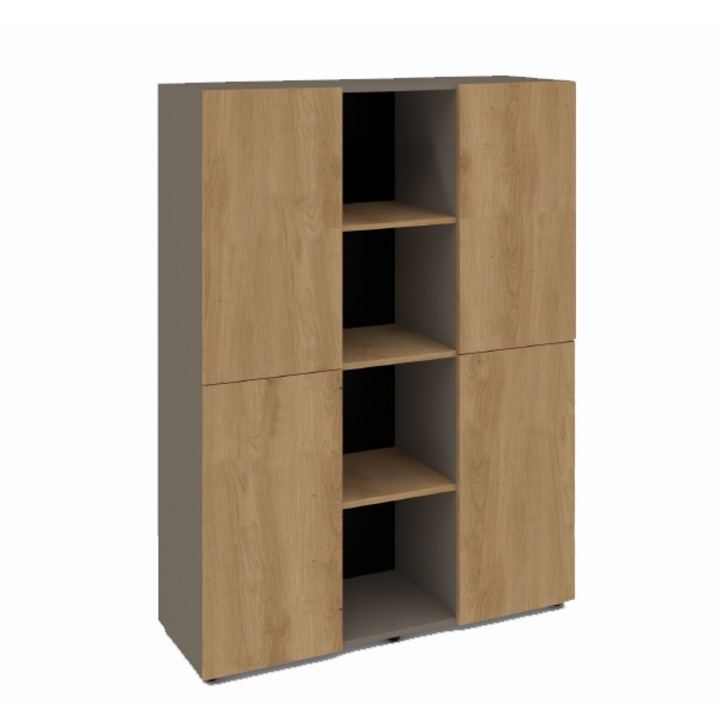 Biblioteca de birou Modern, 4 rafturi, 4 usi, 120x40x160 cm, Stejar Arlington Natural si Gri Kubanit