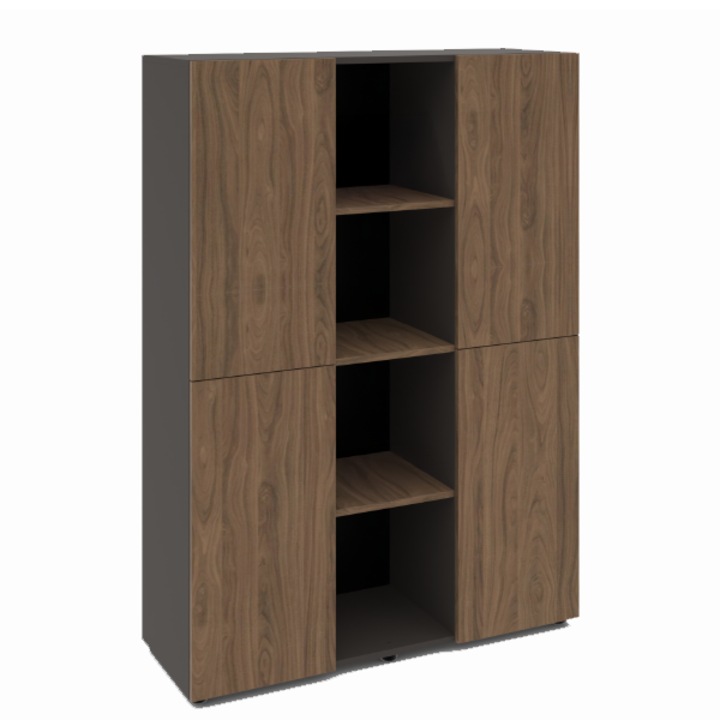Biblioteca Birou Modern, 4 rafturi, 4 usi, 120x40x160 cm, Nuc Carini Natural si Grafit