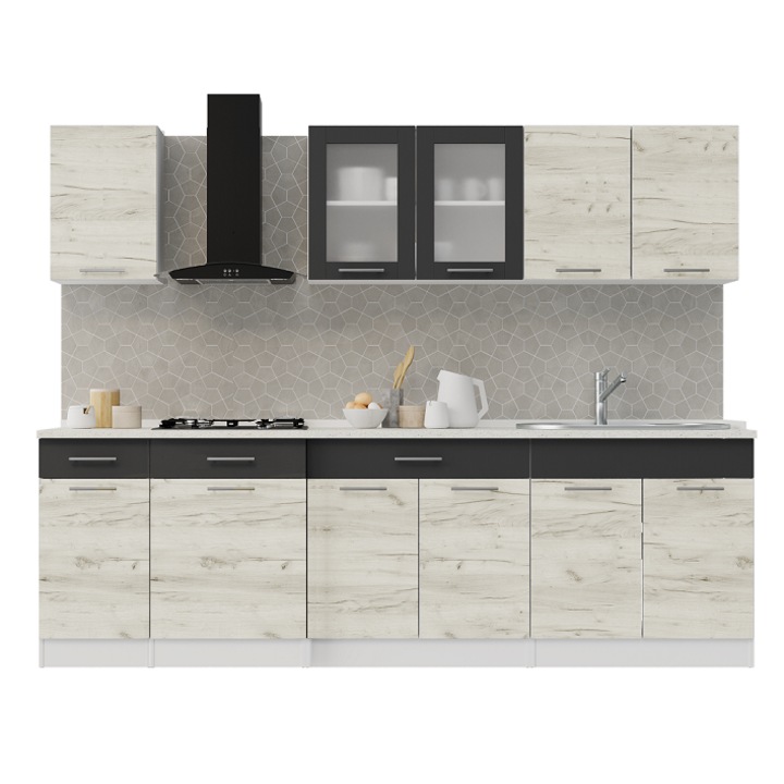 Комплект мебели за кухня, ЕКО № 12, Еверест Мебел, 250х198х60 см, Бяло/Дъб крафт бял