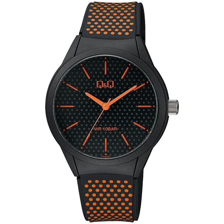 Q&Q unisex karóra, quartz, fekete színű műanyag tok, szürke színű számlap, fekete színű műanyag szíj narancs színű pöttyökkel, VR28J034Y