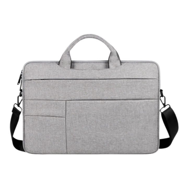 Geanta pentru laptop, 15.6 inch, panza Oxford, capacitate mare, captuseala interioara moale, rezistenta la apa si uzura, rezistenta la impact, gri deschis